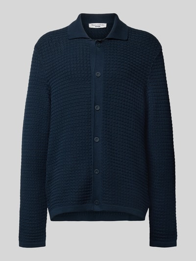 Produktfoto, Regular Fit Strickjacke aus reiner Baumwolle von Marc O'Polo Denim in Optik: Unifarben, Struktur, Hemdkragen, Strick, Dunkelblau.