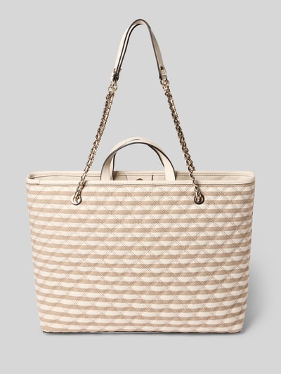 Produktfoto, cremefarbene Tote Bag mit Viskose-Anteil Modell 'GIULLY' von Guess, Ketten-Optik Schulterriemen, Logo-Detail, Hauptfach mit Magnetverschluss, herausnehmbare Tasche mit Reißverschluss, Material-Mix, Maße 54 x 31 x 18 cm, Riemenlänge 76 cm, strukturierte Oberfläche mit geometrischem Muster.