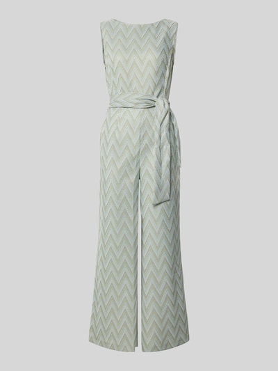 Produktfoto, Regular Fit Jumpsuit mit geometrischem Allover-Stitching von Betty Barclay in Hellgrün mit Stoffband, ärmelloses Design, U-Boot-Ausschnitt, strukturierte Textur, taillierte Passform, Damen Jumpsuit, Rückenlänge 141 cm, Brustweite 32 cm, Gesamtlänge 141 cm, Innenbeinlänge 73 cm.