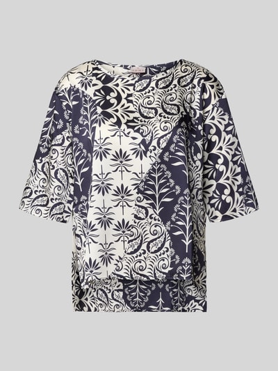 Produktfoto, Blusenshirt mit 3/4-Arm Modell 'ABANO' von EMME, gerader Schnitt, U-Boot-Ausschnitt, schwarz-weißes florales Muster