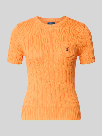 Produktfoto, Slim Fit Kurzarmpullover mit Label-Stitching von Polo Ralph Lauren in Orange, reine Baumwolle, Strick-Optik, sichtbare Brusttasche.