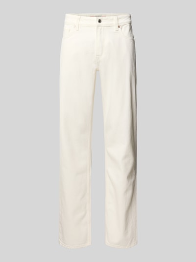 Produktfoto, Straight Leg Jeans im 5-Pocket-Design Modell 'ANGELS' von Guess in Weiß aus reiner Baumwolle, sichtbare Knopf- und Reißverschlussdetails