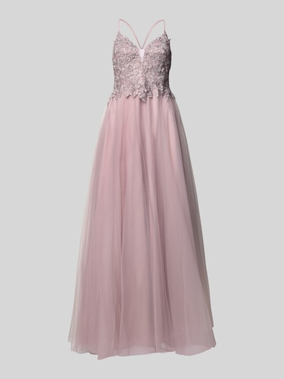 Produktfoto, Abendkleid mit floralem Spitzenbesatz von Mascara, tiul, krój slim fit, głęboki dekolt serce, zdobienie kamieniami, maxi długość, kolor pudrowego różu, zamek kryty, szerokość w rozmiarze 36: 34 cm, długość tyłu 142 cm