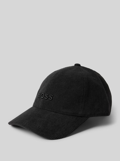 Produktfoto, Cap mit Label-Stitching Modell 'Zed-CO' von BOSS in Schwarz mit feiner Struktur und gesticktem Logo auf grauem Hintergrund
