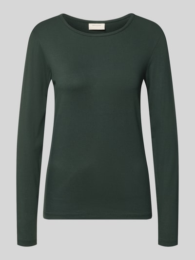 Produktfoto, ciemnozielona bluzka z długim rękawem z mieszanki wiskozy i elastanu, krój slim fit, Okrągły dekolt, Model 'Liana' od FREE/QUENT, Długość tyłu w rozmiarze S: 59 cm