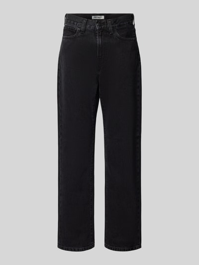 Produktfoto, czarne jeansy z wpuszczanymi kieszeniami, model 'Noxon' od Carhartt Work In Progress, bawełna, krój relaxed fit, szerokość w pasie 36 cm, długość wewnętrzna nogawki 79 cm, rozmiar 27