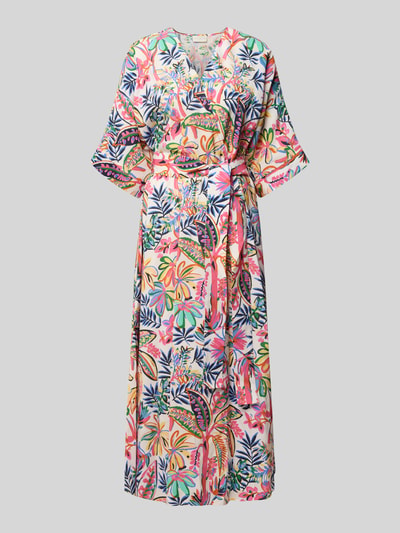 Produktfoto, Midikleid aus Viskose-Mix mit floralem Allover-Print von Milano Italy, mieszanka wiskozy, krój taliowany, kwiatowy nadruk na całej powierzchni, odpinana tasiemka w talii, rękaw o dł. 1/2, dekolt w serek, kopertowy styl, długość tyłu w rozmiarze 36: 116 cm, szerokość w rozmiarze 36: 37 cm, długość rękawów w rozmiarze 36: 34 cm