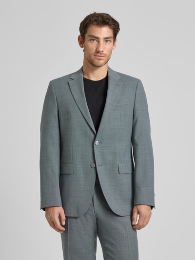 Männermodel trägt Regular Fit Anzugsakko aus Schurwoll-Mix Modell 'JASPER' von BOSS, efekt: wzór na całej powierzchni, kołnierz z połami, zapięcie na 2 guziki, długi rękaw, nachodzące na siebie guziki, wykończenie z podwójnym rozcięciem, brustasza, kieszenie z patką, mieszanka żywej wełny, Ganzkörperansicht von vorne.