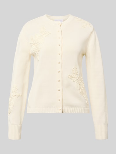 Produktfoto, Strickcardigan mit Blumen-Applikationen von Jake*s Collection aus katoenmix in ecru, regular fit, ronde hals, bloemenapplicatie