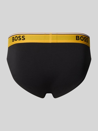 Produktfoto, czarne figi o gładkiej strukturze, żółty ściągacz z logo, Slip aus Baumwoll-Mix im 3er-Pack Modell 'BRIEF 3P POWER' von BOSS, kontekst Herren Slip von BOSS