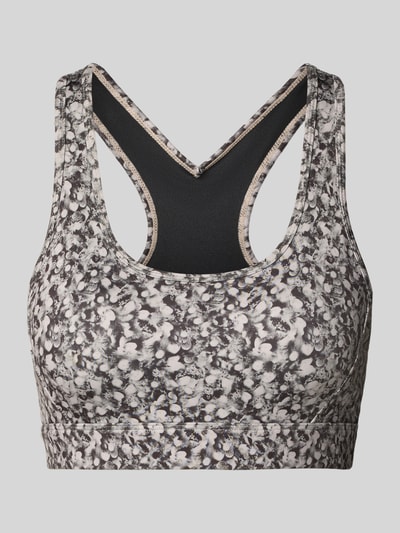 Produktfoto, Freesoft Sport-BH mit Racerback Modell 'selma' von VARLEY, graues abstraktes Muster, elastischer Material-Mix mit Logo-Print