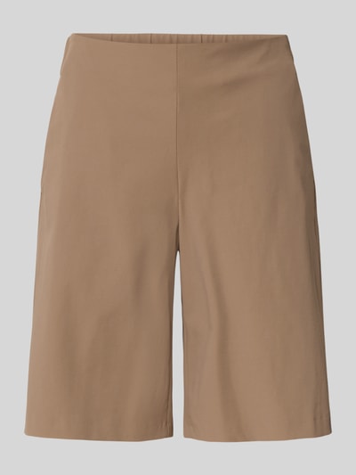 Produktfoto, beigefarbene Damen Schlupfbermuda Techno Cotton Superstretch von Raffaello Rossi, Modell ISKA, elastischer Bund, Regular Fit, glatte Textur, Gesäßtaschen, Bundweite 39 cm, Innenbeinlänge 24 cm.