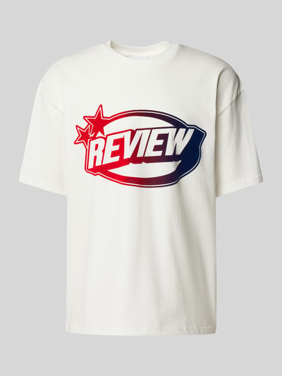 REVIEW T-shirt o luźnym kroju z nadrukiem z logo Złamany biały melanż 2