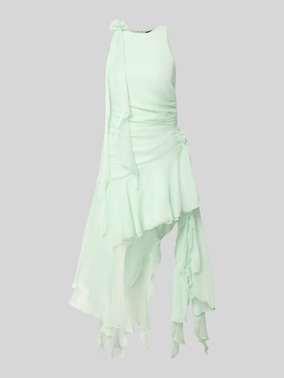 Produktfoto, Cocktailkleid mit asymmetrischem Rock Modell 'IVANA' von Bardot in sanftem Mintgrün, Chiffon, florale Applikationen, taillierter Schnitt, seitliche Raffungen, Rundhalsausschnitt, detailreich fließende Textur, Minikleid-Länge, sichtbare Asymmetrie im Rock, Rückseite mit Reißverschluss und Haken, modische Eleganz für besondere Anlässe