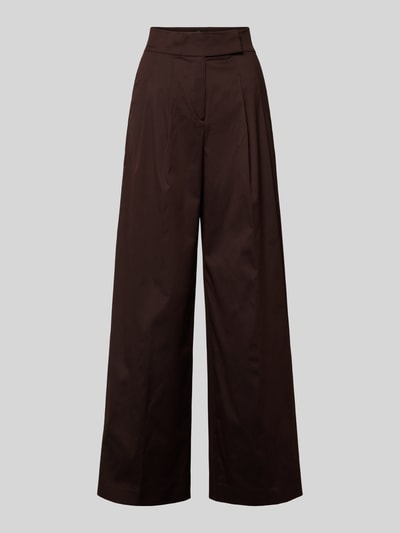 Produktfoto, spodnie materiałowe 'Stoffhose mit französischen Eingrifftaschen' von Windsor, mieszanka bawełny z dodatkiem streczu, krój wide fit, szerokość w rozmiarze 36: 36 cm, długość wewnętrzna nogawki w rozmiarze 36: 82 cm, zapięcie na haftkę, guzik i zamek błyskawiczny, wpuszczane kieszenie francuskie, kieszenie z wypustką z tyłu, ciemnobrązowy kolor, gładka tekstura