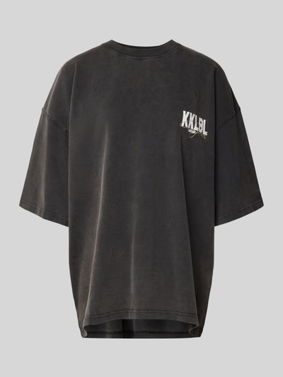 Productfoto, Oversized T-Shirt met labelprint van Karo Kauer, puur katoen, zwarte kleur, ronde hals, ruglengte maat S 72 cm