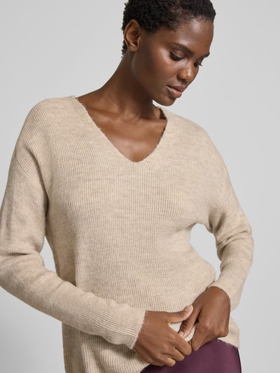 VERO MODA Regular fit gebreide pullover met V-hals, model 'CREWLEFILE' Zand gemêleerd - 3