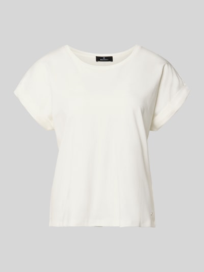 Produktfoto, T-Shirt mit fixiertem Ärmelaufschlag von monari aus reiner Baumwolle in Weiß, gerader Schnitt, Rundhalsausschnitt, glatte Textur.
