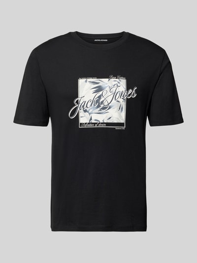 Produktfoto, schwarzes T-Shirt mit Rundhalsausschnitt Modell 'HONOLULU' von Jack & Jones, Print, reine Baumwolle, Regular Fit, neutraler Hintergrund