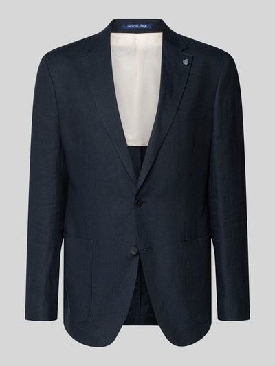 Produktfoto, Regular Fit Sakko aus zuiver linnen met reverskraag van Christian Berg Men, donkerblauwe stof, 2-knoopsluiting, borstzak, opgestikte zakken, ruglengte maat 50 is 75 cm, schouderbreedte 47 cm, mouwlengte 63 cm
