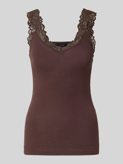 Produktfoto, Slim Fit Tanktop aus Viskose-Mix Modell 'ROSA' von VERO MODA, braun, feine Spitze an den Trägern, Damen Tanktop von VERO MODA