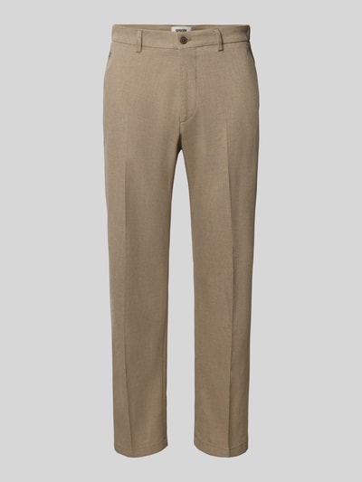 Produktfoto, beige Straight Fit Stoffhose mit Viskose-Anteil Modell 'Ajend' von DRYKORN, elastischer Material-Mix, glatte Textur, Knopf- und Reißverschluss, Bundweite 42 cm, Innenbeinlänge 81 cm