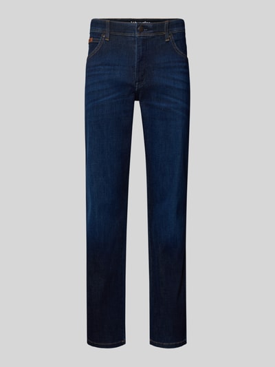 Produktfoto, Straight Fit Jeans im 5-Pocket-Design Modell 'Texas' von Wrangler in dunklem Blau mit sichtbarer Struktur, gerader Schnitt, Baumwoll-Mix mit Stretch-Anteil, Label-Detail, Herrenjeans