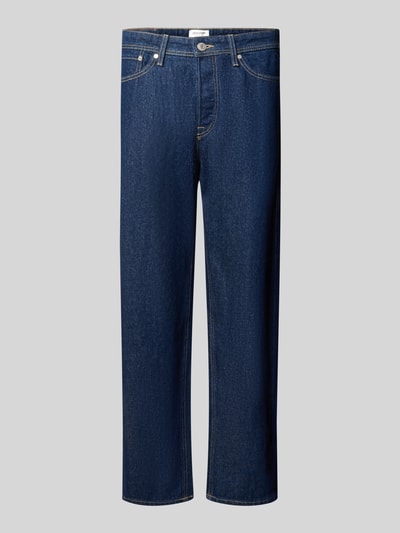 Produktfoto, niebieskie jeansy z bawełny o kroju loose fit, 5 kieszeni, naszywka z logo, knopf- und zamek błyskawiczny, Loose Fit Jeans im 5-Pocket-Design Model 'EDDIE' von JACK & JONES, Szerokość w rozmiarze 32/32: 43 cm, Długość wewnętrzna nogawki w rozmiarze 32/32: 74 cm.