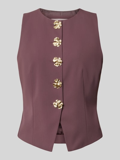 Produktfoto, Weste mit Rundhalsausschnitt und Knopfleiste von Christian Berg Woman Selection in Mauve, Material-Mix mit Stretch-Anteil, taillierter Schnitt, strukturierte glatte Oberfläche, goldfarbene Knopfleiste, Rückenlänge bei Größe 36: 50 cm, Schulterbreite 31 cm, Brustweite 33 cm