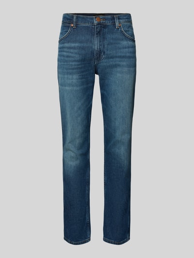 Produktfoto, blaue Straight Fit Jeans im 5-Pocket-Design Modell 'Greensboro' von Wrangler, Baumwoll-Mix mit Stretch und geradem Schnitt