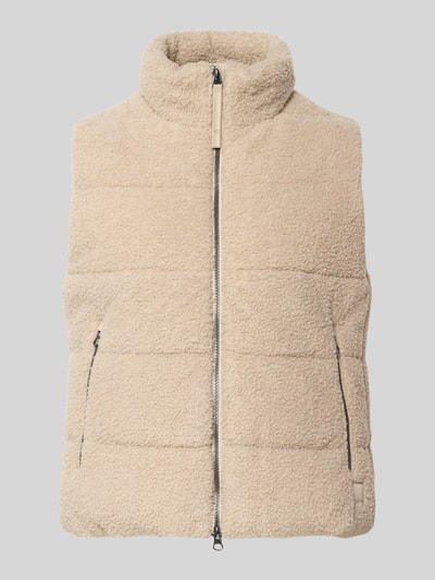 Produktfoto, Steppweste aus Teddyfell mit Zweiwege-Reißverschluss von camel active, beżowy kolor, miękka tekstura, krój regular fit, stójka, kieszenie na suwak, długość tyłu 55 cm, szerokość ramion 40 cm, szerokość w rozmiarze 36: 52 cm