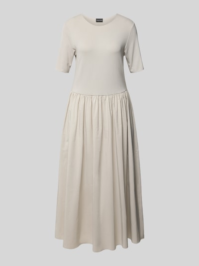 Produktfoto, Maxikleid mit Rundhalsausschnitt von Emporio Armani in Beige, taillierter Schnitt, Viskose-Elasthan-Mix, ausgestellte Rockpartie, Raffungen