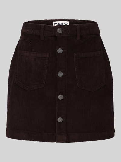 Produktfoto, Eng anliegender Mini-Rock aus Baumwoll-Mix Modell 'AMAZING' von ONLY, Damen Mini-Rock von ONLY, dunkelbrauner Cordstoff, Knopfleiste und aufgesetzte Taschen, strukturierte Textur