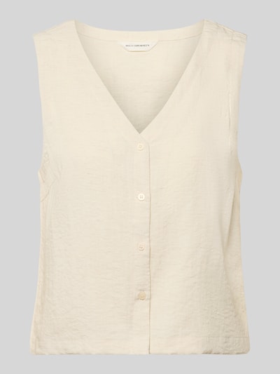 Produktfoto, Regular Fit Bluse Aus Viskose-Mix Modell 'Daria' von MSCH Copenhagen in Beige mit durchgängiger Knopfleiste, Ärmelloses-Design, V-Ausschnitt, leichte Textur, Damen Bluse mit Leinen-Viskose-Anteil, Rückenlänge bei Größe S: 49 cm.