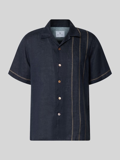 Produktfoto, Casual Fit Leinenhemd mit Stitchings von PAUL SMITH in Dunkelblau, kurze Ärmel, Reverskragen, sichtbare Ziernähte, reine Leinenoptik