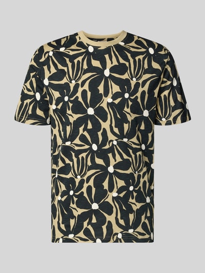 Produktfoto, Regular Fit T-Shirt aus reiner Baumwolle Modell 'PERRY' von Only & Sons, Herren T-Shirt in Optik:Allover-Muster, Kurzarm, Jersey, beige-schwarz mit floralen Formen und weißem Akzent