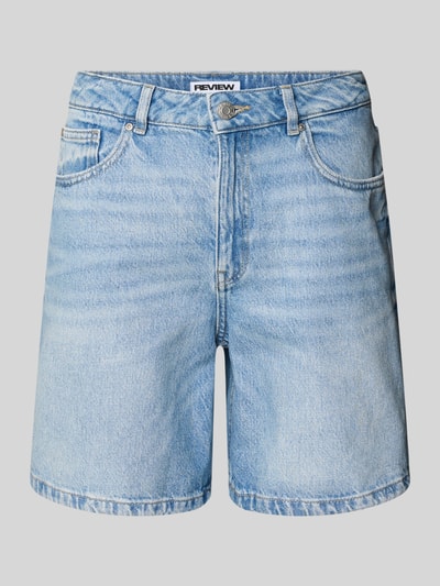 Produktfoto, Jeansshort in middelblauwe wassing van REVIEW, dames korte jeans van puur katoen, regular fit, steekzakken, bandwijdte maat S 41 cm, binnenbeenlengte maat S 19 cm.
