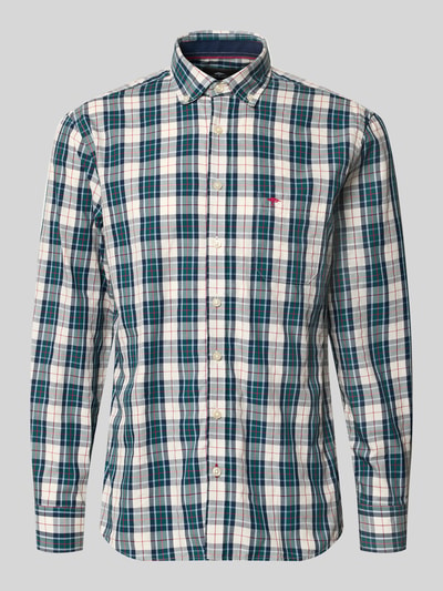 Produktfoto, Slim Fit Freizeithemd mit Button-Down-Kragen von Fynch-Hatton in weiß-blau-grünem Allover-Look, Reine Baumwolle, Label-Stitching, Brusttasche, Rückenlänge 54 cm, Schulterbreite 47 cm, Ärmellänge 65 cm.