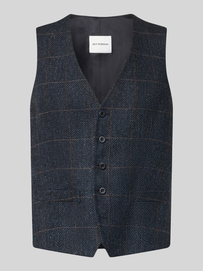 Produktfoto, Regular Fit Weste aus reiner Viskose mit Paspeltaschen von Roy Robson, dunkles Karomuster, Knopfleiste, V-Ausschnitt, glatte Textur