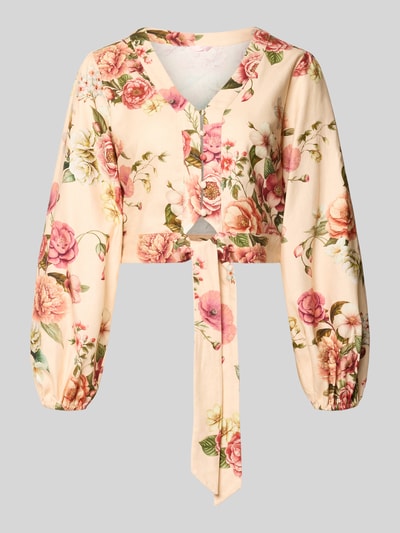 Produktfoto, Cropped Bluse aus Leinen-Viskose-Mix Modell 'SHIRLEY' von Guess, florales Muster, V-Ausschnitt, Knopfleiste, Damen, beige und rosé