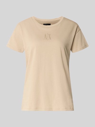 Produktfoto, T-Shirt aus reiner Baumwolle von Armani Exchange in Beige mit geradem Schnitt, Rundhalsausschnitt, Label-Detail, Strasssteinbesatz.