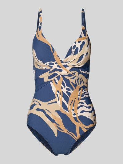 Produktfoto, Badeanzug mit V-Ausschnitt Modell 'Melyd' von Barts in Blau mit beige gemustertem Material-Mix, Shaping Fit, Stretch-Anteil