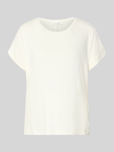 Produktfoto, Damen T-Shirt aus Viskose-Mix mit Rundhalsausschnitt von Christian Berg Woman, Regular-Fit, Stretch-Anteil, Kappärmel, Rückenlänge 58 cm bei Größe S, glatt-cremefarben, lockere Form, weiche Textur.
