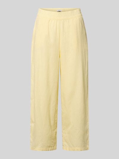 Productfoto, Culotte aus Leinen-Viskose-Mix mit elastischem Bund van B.Young, model 'FALAKKA', cropped fit, lichtgele tint, rechte pijpen, zachte textuur, elastische taille, maat 36: taillewijdte 38 cm, binnenbeenlengte 60 cm.