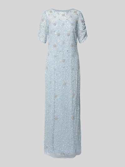 Produktfoto, Maxikleid mit Pailletten und Perlen von Adrianna Papell in Hellblau, gerader Schnitt, fließender Stoff, Rundhalsausschnitt