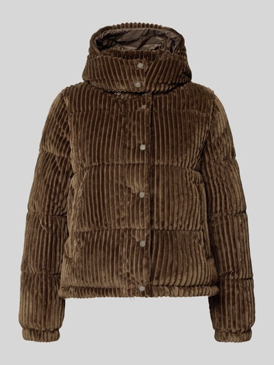 Produktfoto, Jacke mit Label-Patch und Kapuze Modell 'NADEGE' von Save The Duck, braunes Cordmaterial, gerader Schnitt, sichtbare Struktur. Damen Jacke, Zweiwege-Reiß- und Druckknopfverschluss, Kapuze mit Tunnelzug und Kordelstoppern, seitliche Eingrifftaschen, Kontext: Rückenlänge 48 cm, Schulterbreite 34 cm, Brustweite 50 cm, Ärmellänge 62 cm.
