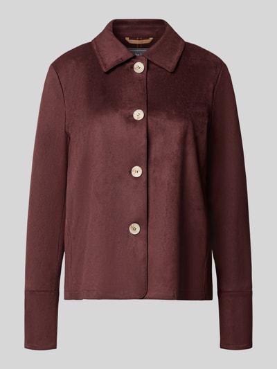 Produktfoto, Regular Fit Blazer in Velours-Optik von White Label in dunklem Bordeauxrot, Umlegekragen, helle Knöpfe, glatte Textur, Damen Blazer, Rückenlänge 58 cm, Brustweite 52 cm, Ärmellänge 64 cm