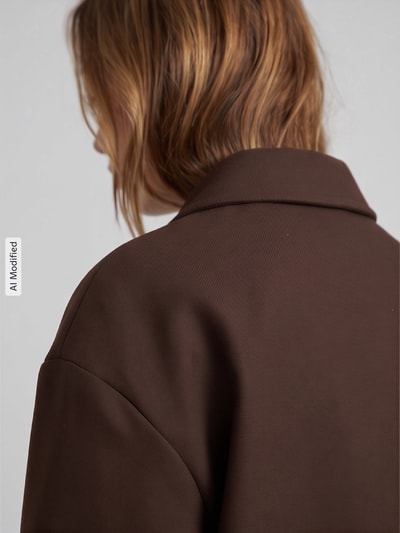Kobieta nosi krótki płaszcz z wykładanym kołnierzem model 'AYA' od PIECES, brązowa tkanina o wyraźnej fakturze, detal tyłu, damska Teddy- / Webpelzjacke, zdjęcie z tyłu, KI-modifiziertes Bild.