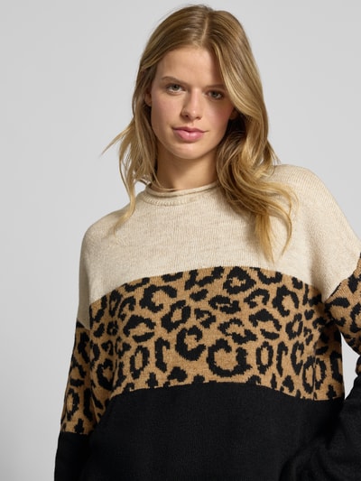 ONLY Sweter z dzianiny o kroju regular fit ze zrolowanym okrągłym dekoltem model ‘JADE’ Szarobrązowy melanż 3