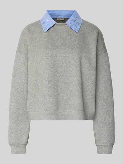 Produktfoto, Sweatshirt mit Hemdblusenkragen von Liu Jo White aus grauem Baumwoll-Mix, lockerer Schnitt, gerippte Abschlüsse, blauer Kragen.
